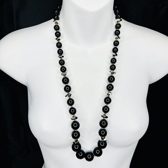 Vintage Black Silver Tone Lucite Statement Beaded Graduated Beads Necklace - Picture 1 of 7